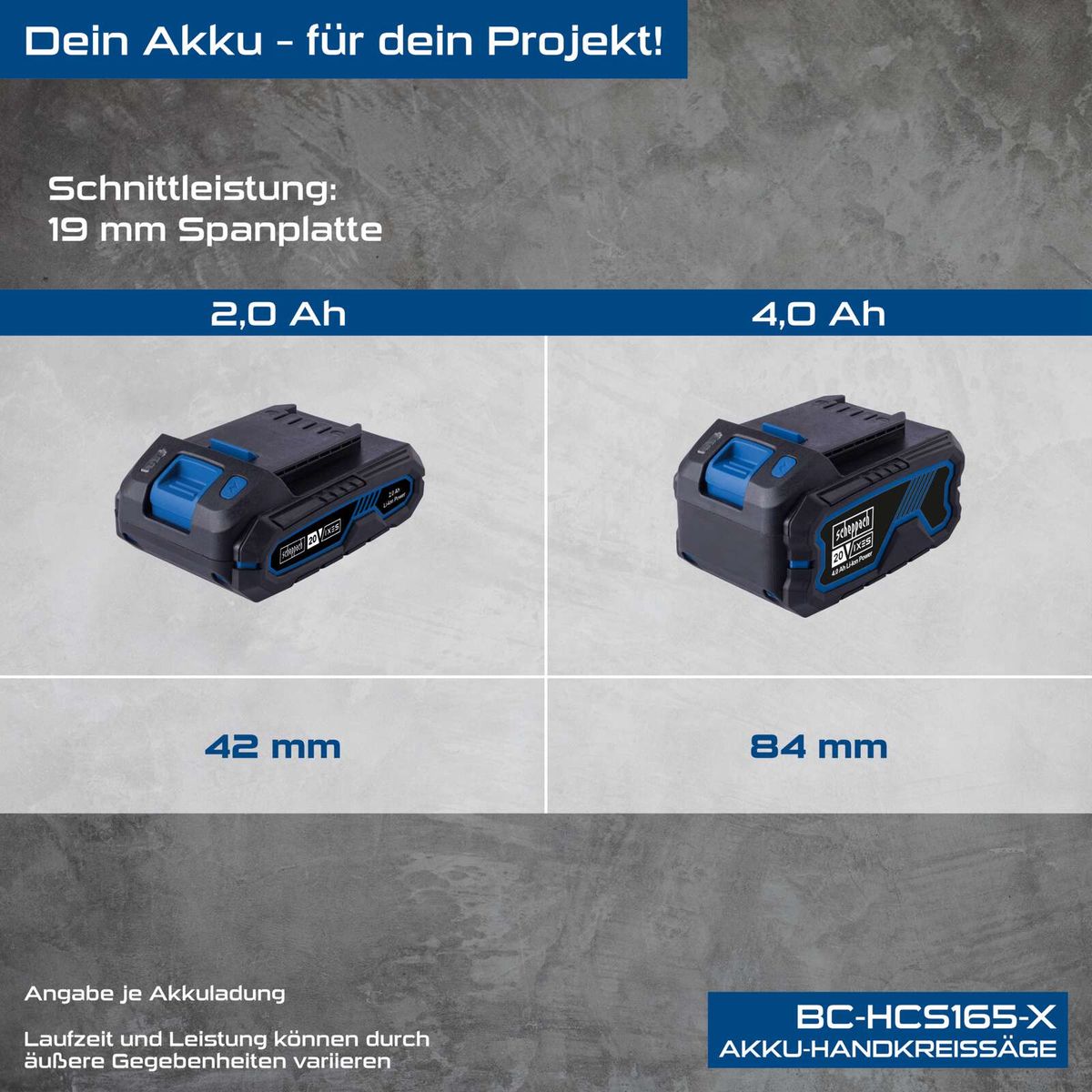 Scheppach Akku-Handkreissäge mit Leistung für 19 mm Spanplatte, 2,0 Ah und 4,0 Ah Batterieoptionen, Maße 42 mm und 84 mm