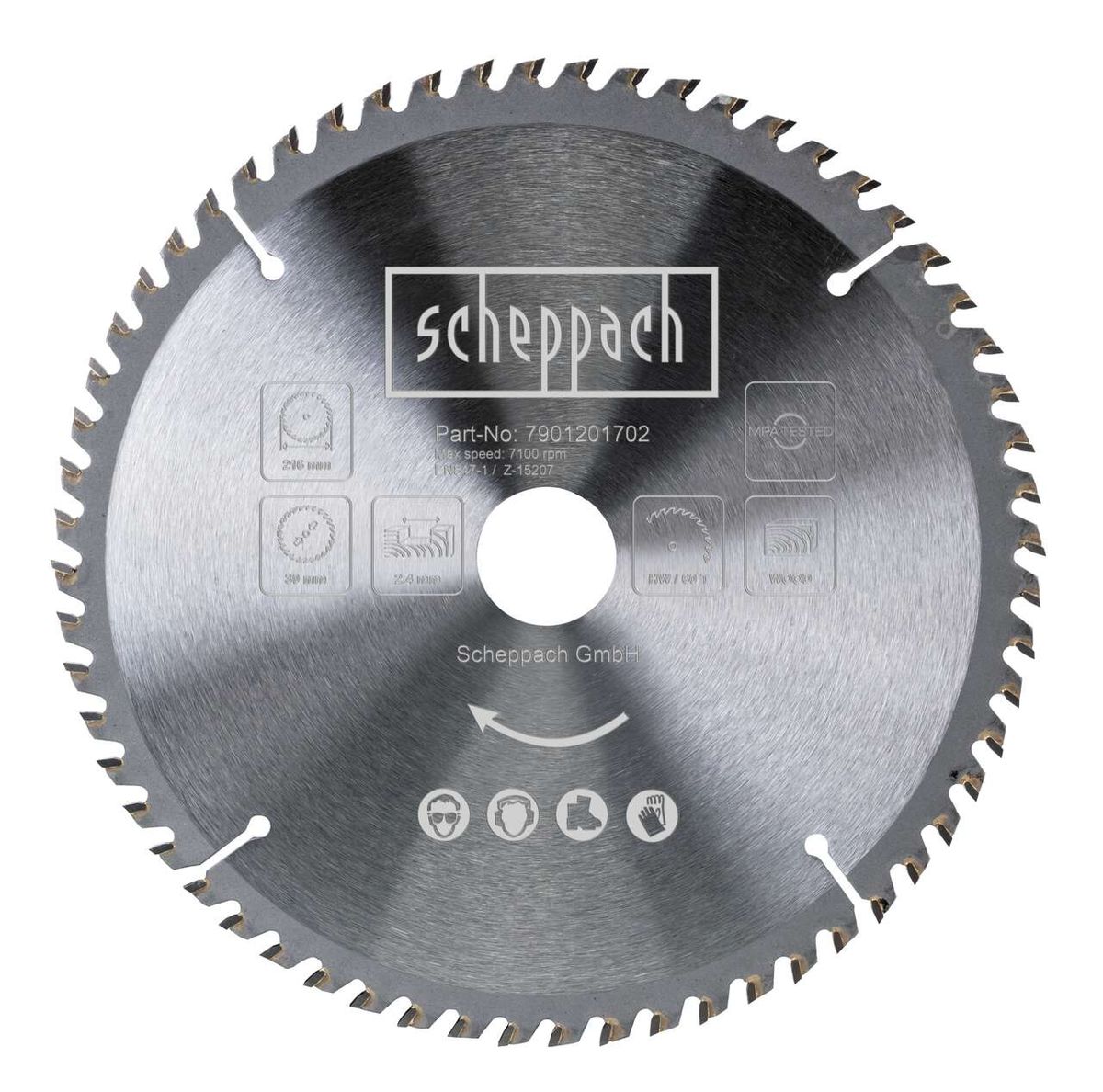 Kreissägeblatt von Scheppach, Part-No: 7901201702, Max. Drehzahl: 7100 U/min, Ansicht von vorne.