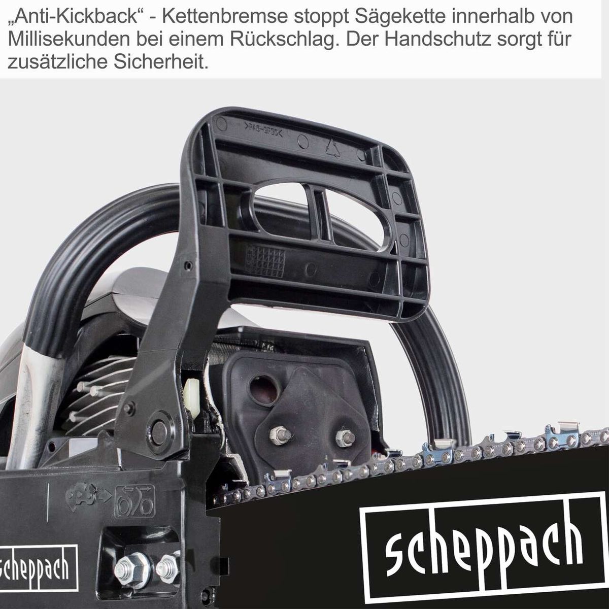 Scheppach-Kettensäge mit Anti-Kickback-System. Die Kettenbremse stoppt die Sägekette innerhalb von Millisekunden bei einem Rückschlag. Der Handschutz sorgt für zusätzliche Sicherheit.