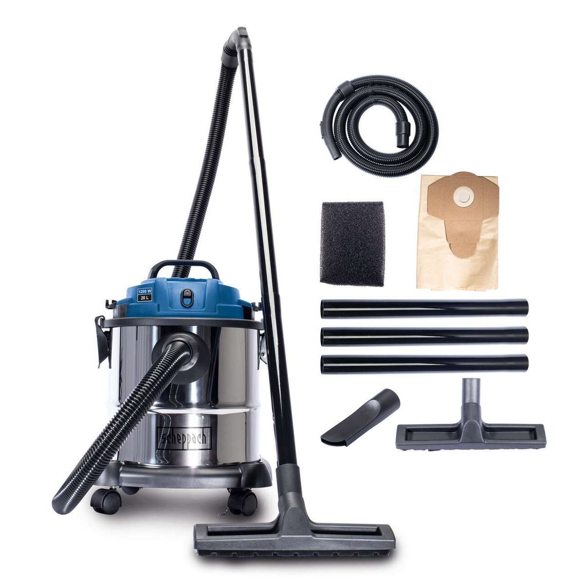 Nass-Trockensauger NTS20 Scheppach mit Zubehör. Frontalansicht des Geräts mit Schlauch, Rohren und Aufsätzen.