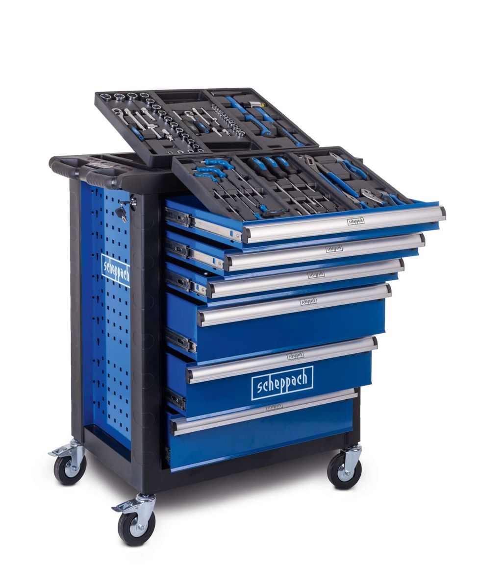Werkstattwagen mit Schubladen für Werkzeuge von Scheppach, offen mit integrierten Werkzeugboxen