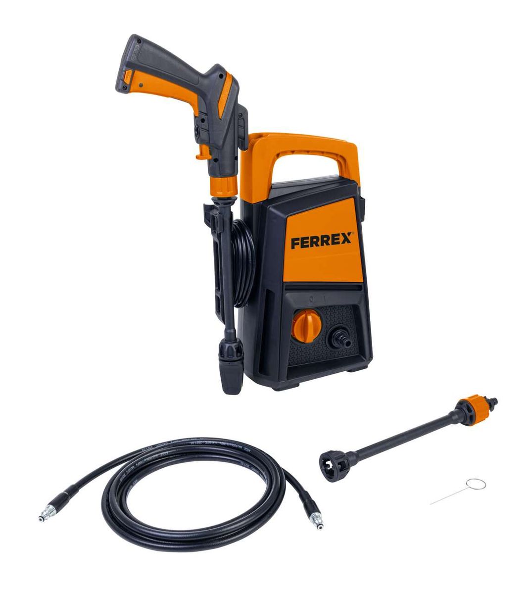 Elektro-Hochdruckreiniger F-HPC1100 Ferrex Australien, Ansicht von vorne mit Schlauch und Düse.