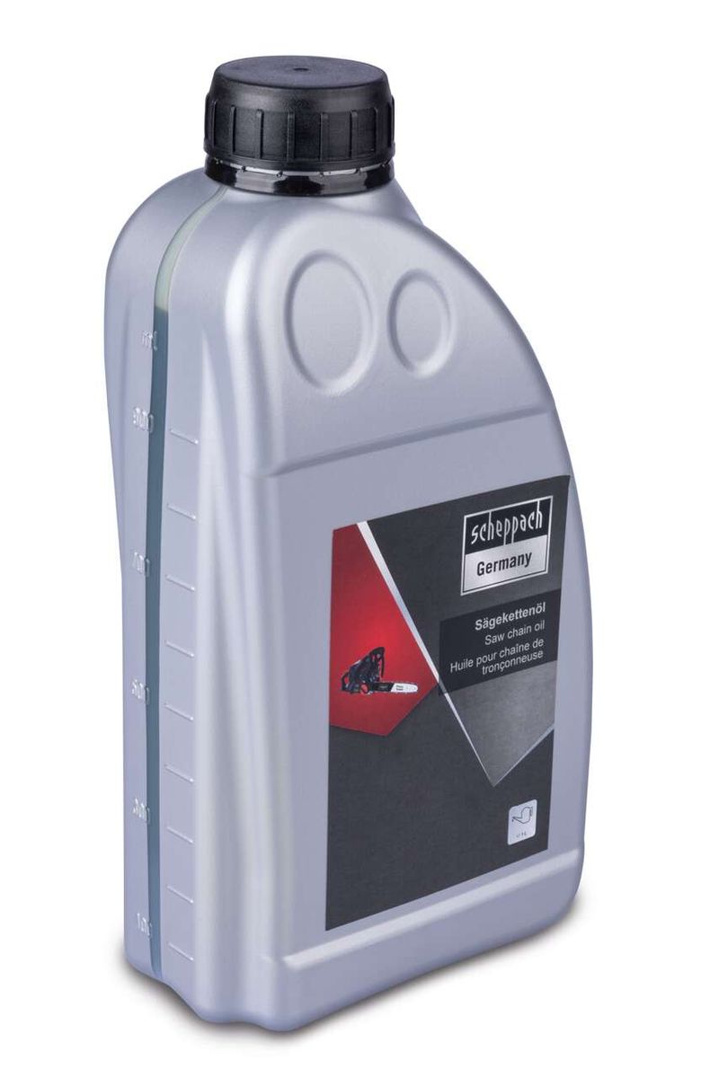 Scheppach Sägekettenöl, 1-Liter-Kanister mit schwarzem Deckel, seitliche Füllstandsanzeige, Produktetikett mit deutscher, englischer und französischer Beschriftung.