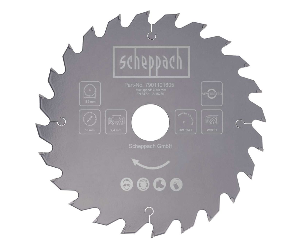 Scheppach Kreissägeblatt mit 24 Zähnen, Teilenummer 7901101605, für Holz, max. Drehzahl 7000 U/min.