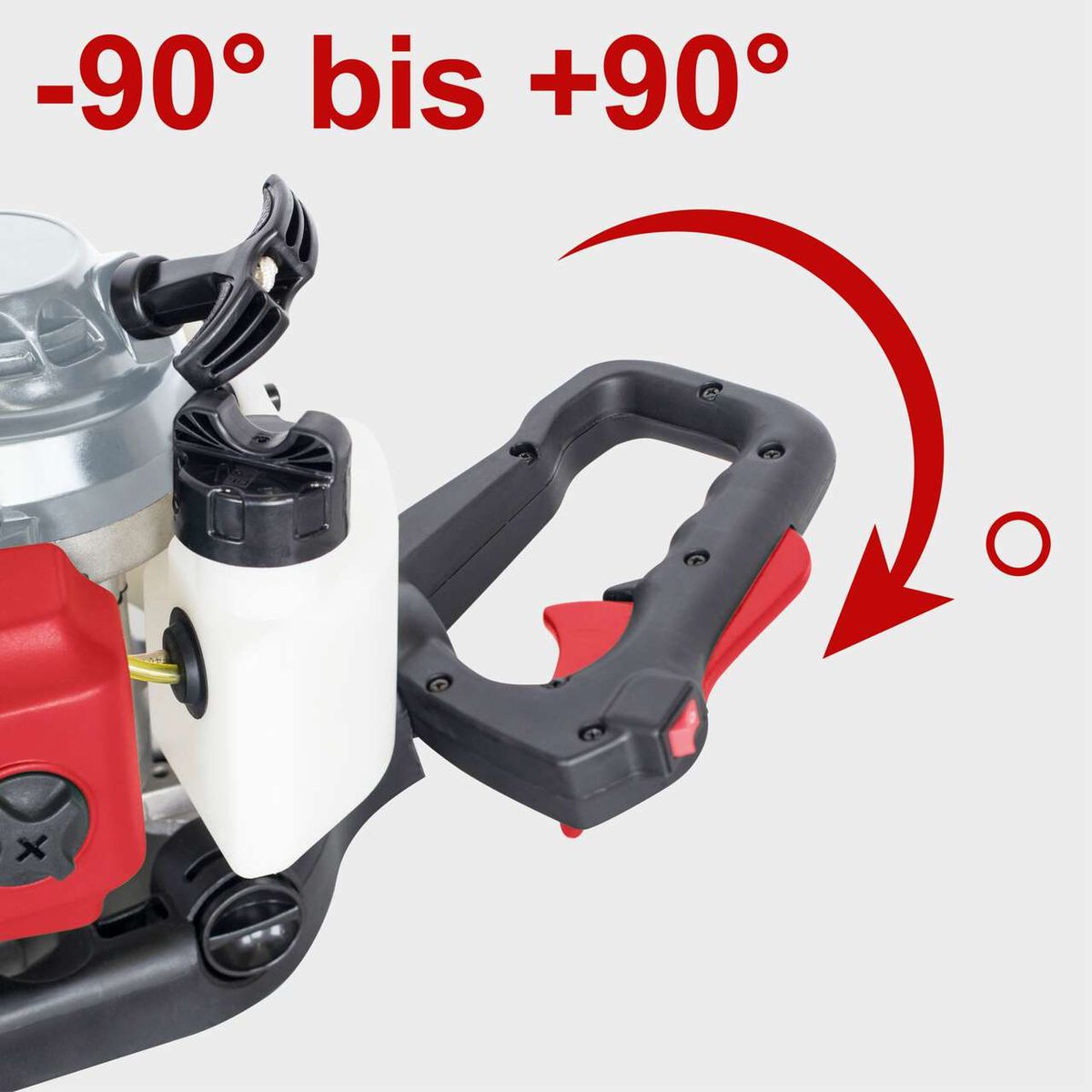 Ergonomisches Haltegriffsystem für Heckenschere mit 90°-Neigungsmöglichkeiten (±90°) für bessere Handhabung und Komfort.