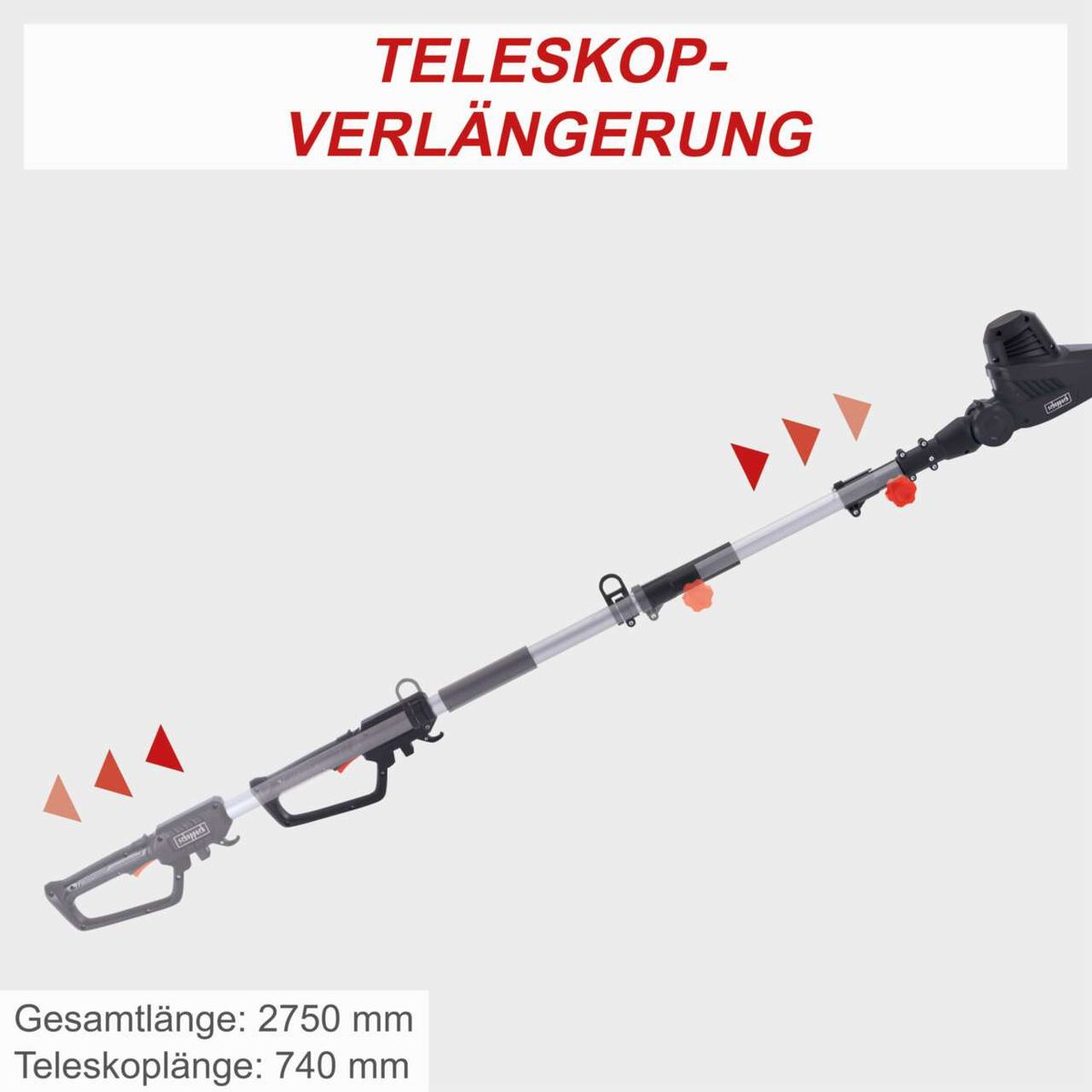Teleskopverlängerung für Elektro Heckenschere. Gesamtlänge: 2750 mm. Teleskoplänge: 740 mm.