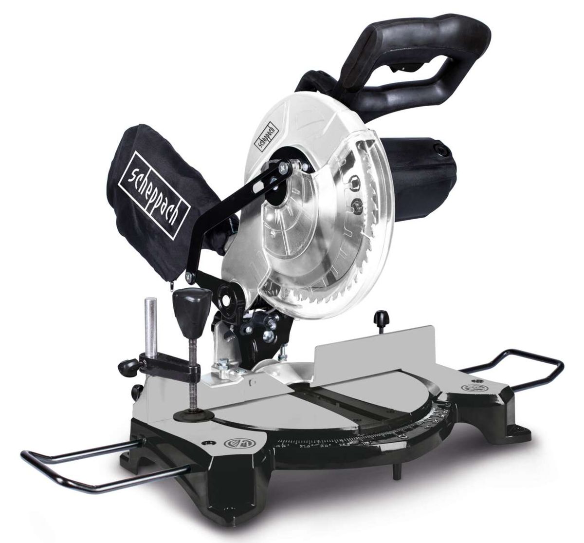 Kapp- und Gehrungssäge MT210 von Scheppach, seitliche Ansicht. Die Säge hat eine 210mm Schneide und ist schwarz und weiß. Sie ist mit einem Gehäuse und einem Handgriff ausgestattet.