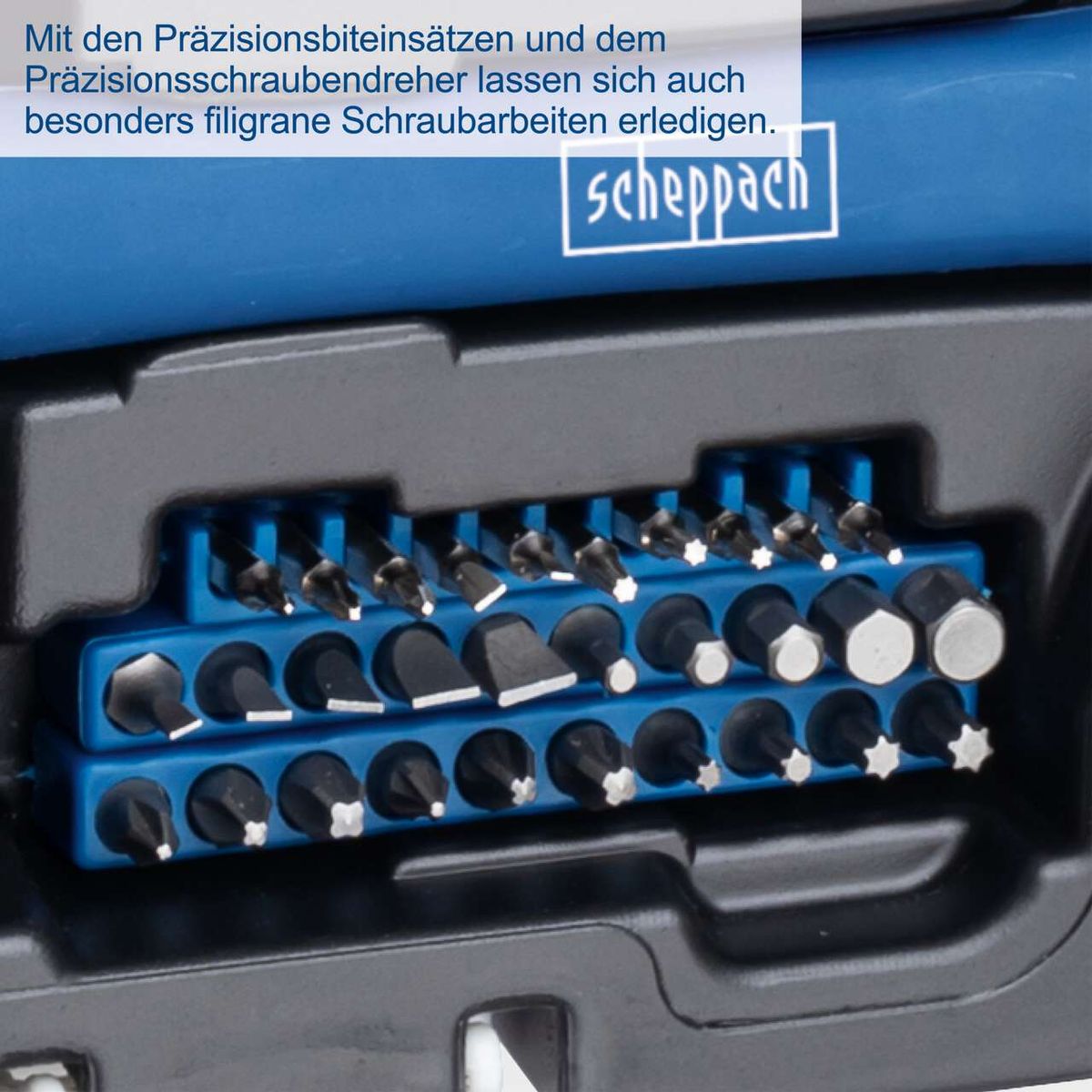 Präzisionsbiteinsätze und Präzisionsschraubendreher für filigrane Schraubarbeiten. Produktname: Werkzeugkoffer WZK120 scheppach (DIY).