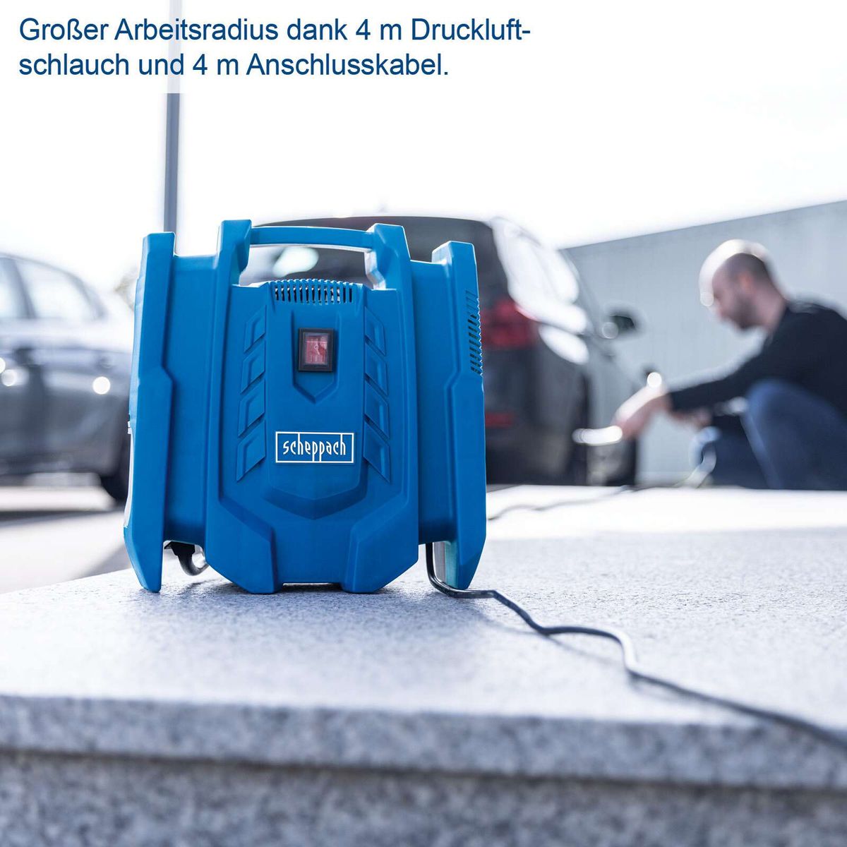 Der Kompressor Airforce 7 von Scheppach hat einen großen Arbeitsradius dank 4 m Druckluftschlauch und 4 m Anschlusskabel.