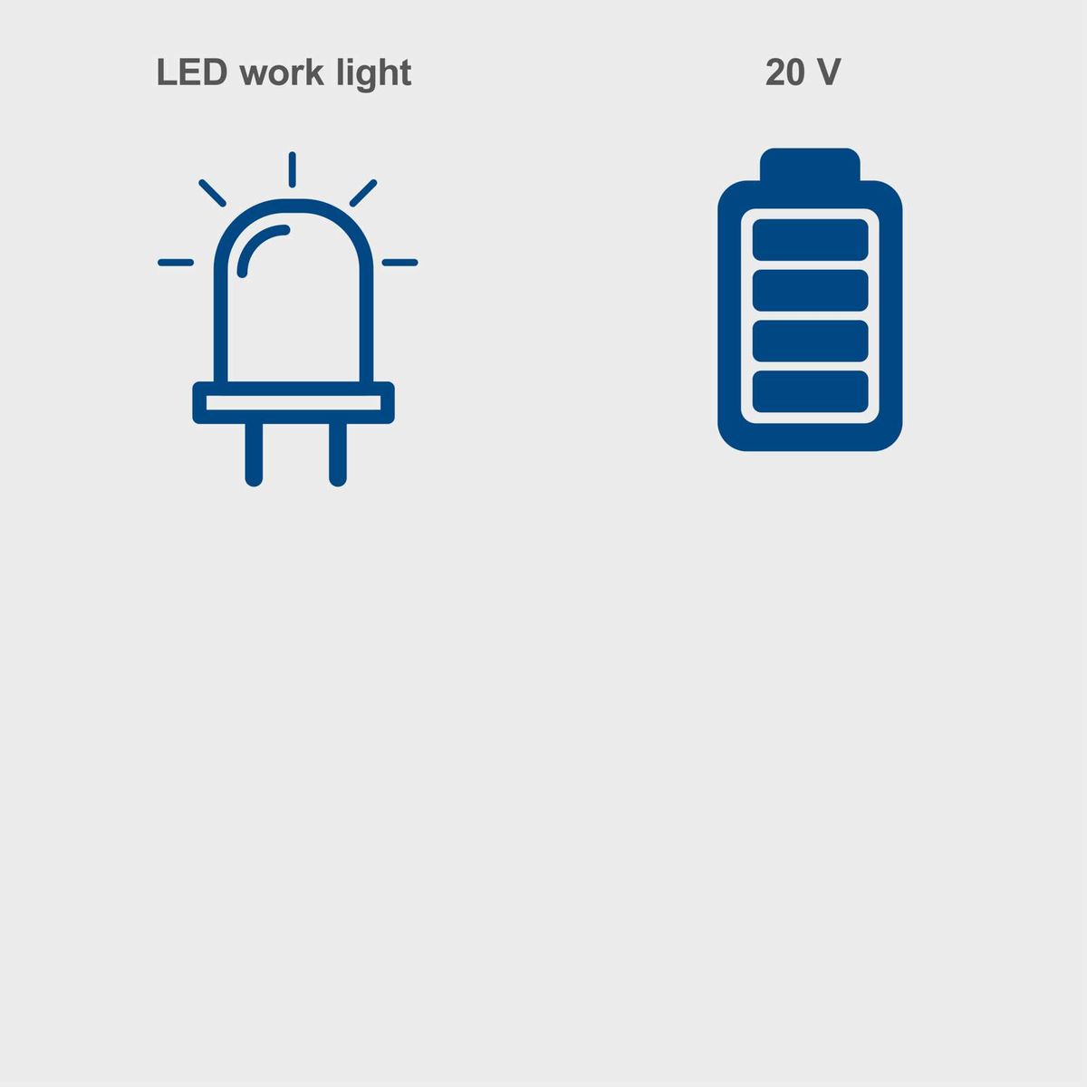 LED work light with 20 V battery, bright light for precise work.
