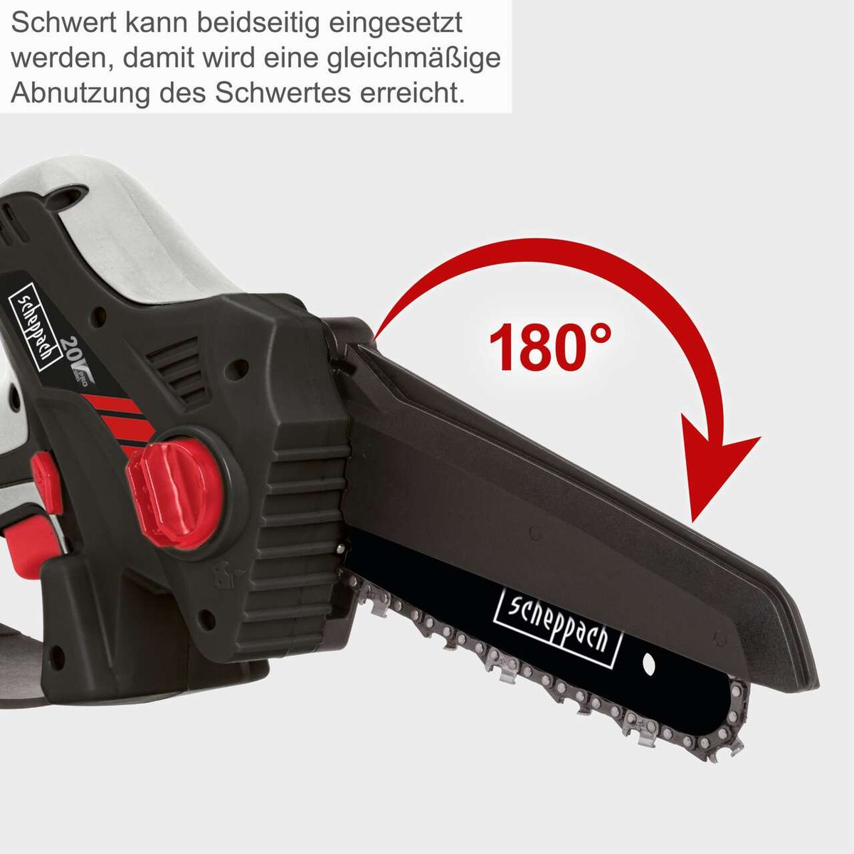 180°-Schwenkbarkeit des Schwertes für gleichmäßige Abnutzung; Akku-Gehölzschneider mit 130-mm-Schwert