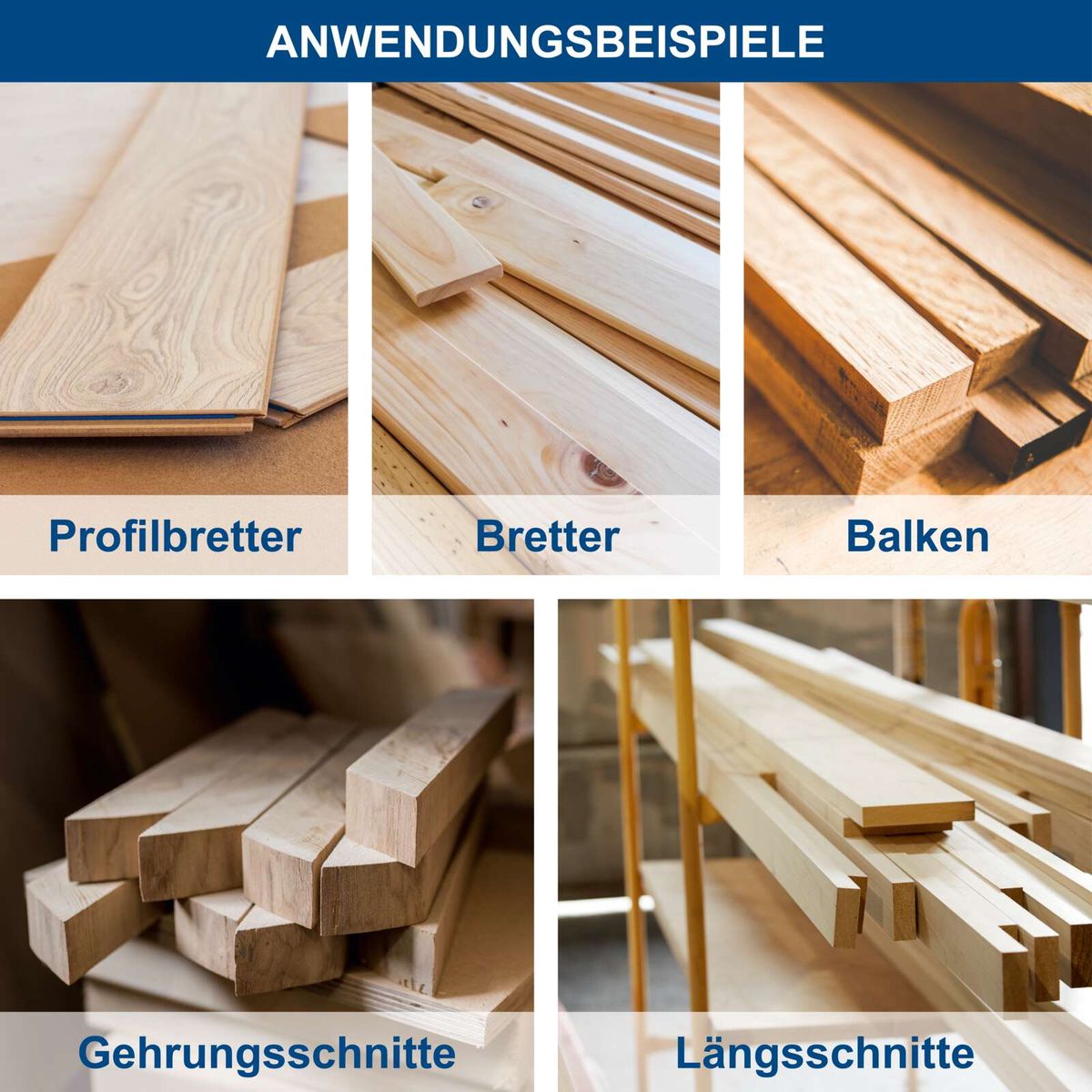 Anwendungsbeispiele für verschiedene Holzprofile: Profilbretter, Bretter, Balken, Gehrungsschnitte und Längsschnitte für Tischkreissägen.