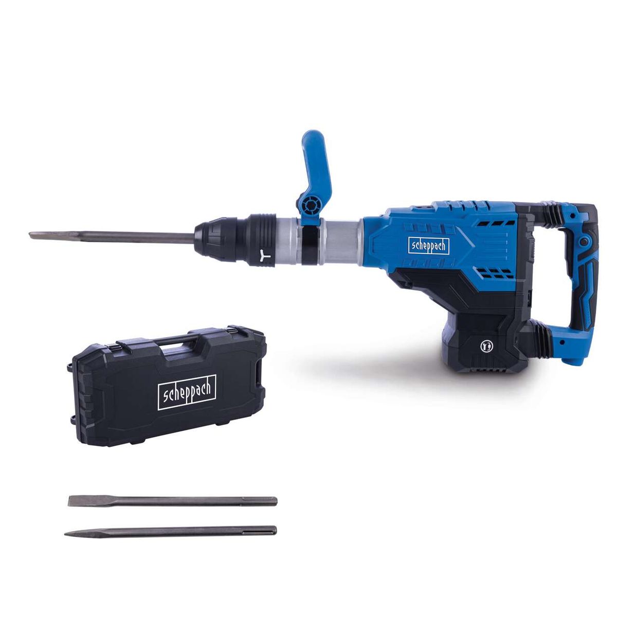 Abbruchhammer AB2000 mit 1700 Watt, 60 Joule Schlagenergie und 2000 Schlägen pro Minute. SDS-Max-Aufnahme für robuste Anwendungen. Inklusive Koffer und zwei Meißeln. Gezeigt von der Seite.