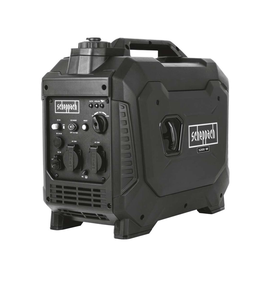 Scheppach Inverter IGT3500 Generator, seitliche Ansicht, 3200W Leistung, mit Bedienfeld und Griffen.