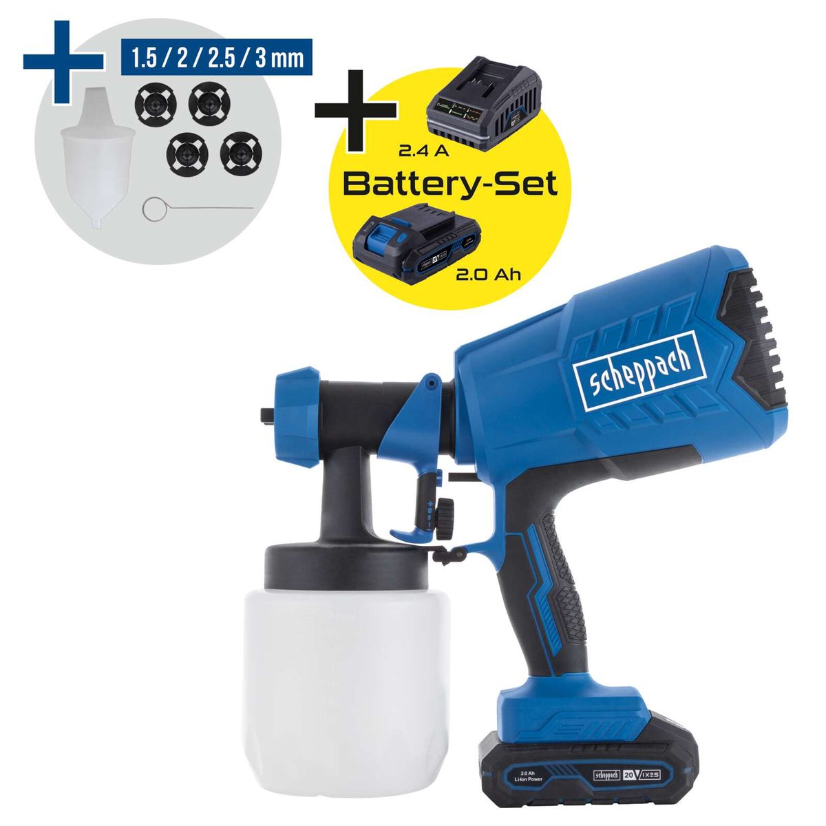 Akku-Farbsprühpistole mit integriertem 2Ah-Akku und Ladegerät, inkl. Sprühdüsen (1.5–3 mm), 700 ml/min Durchflussmenge, 20V