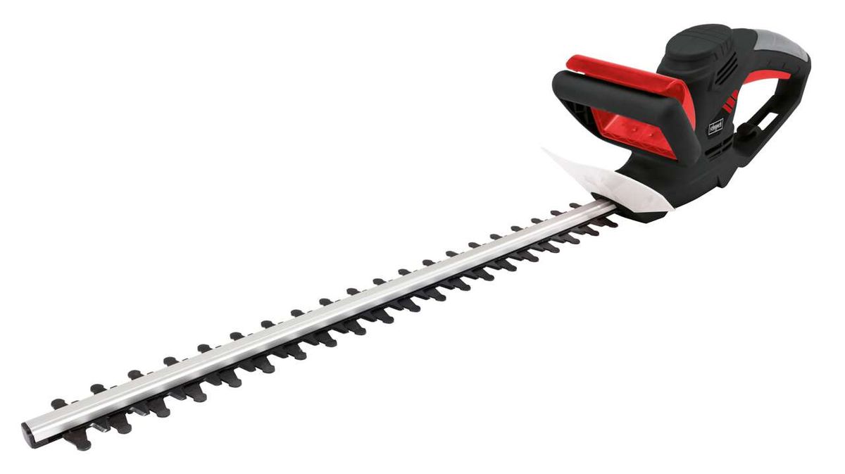 Elektro-Heckenschere HTE550 von Scheppach, seitliche Ansicht, 510 mm Schnittlänge, 18 mm Schnittstärke.