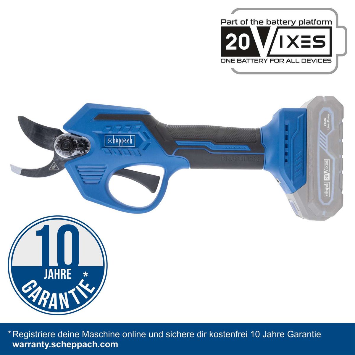 Scheppach Akku-Astschere mit 10-jähriger Garantie, inklusive 2Ah-Batterie und 2,4A-Ladegerät, Brushless-Motor und 20V-Batterieplattform