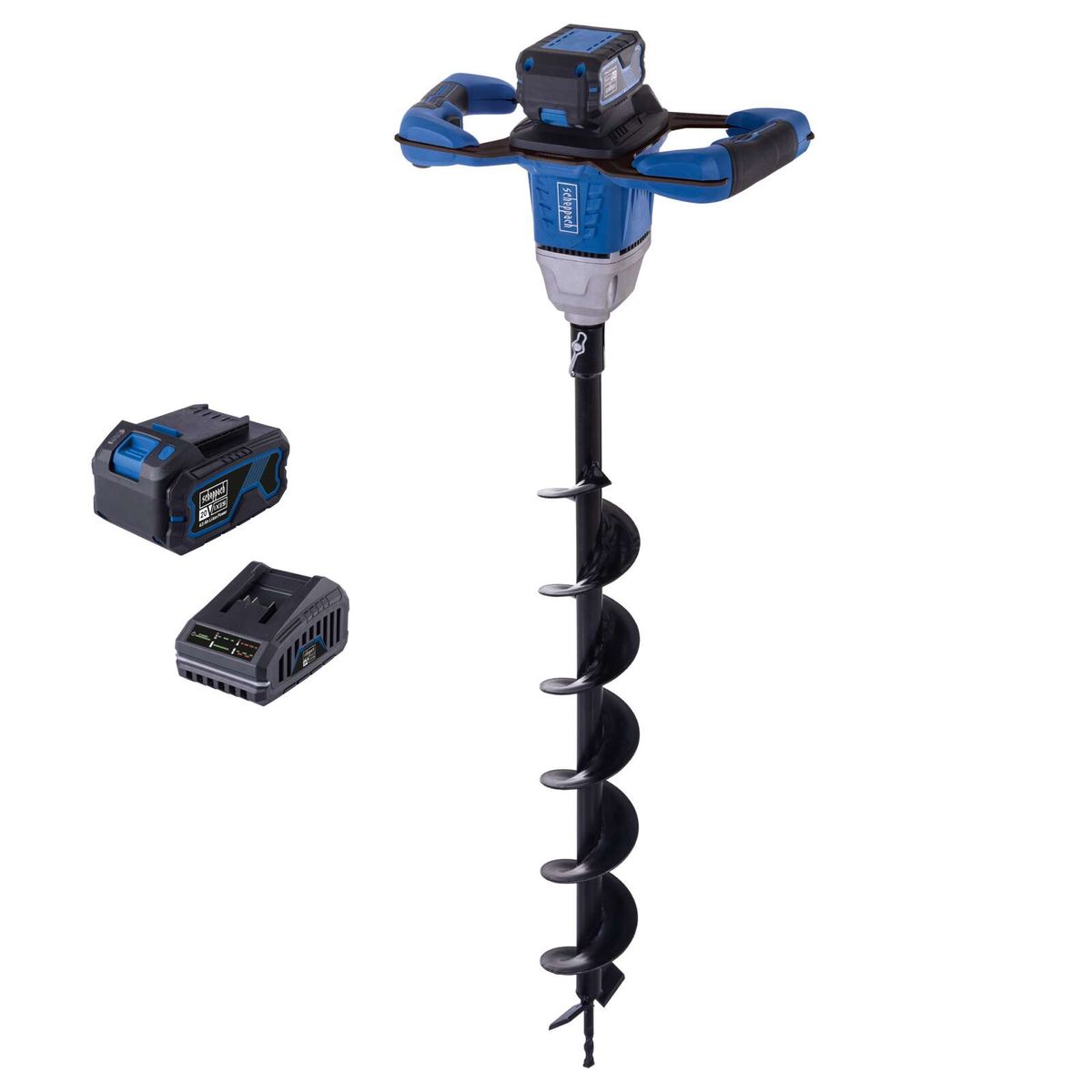 Scheppach cordless earth auger set with bit, battery, and charger for EB100-X