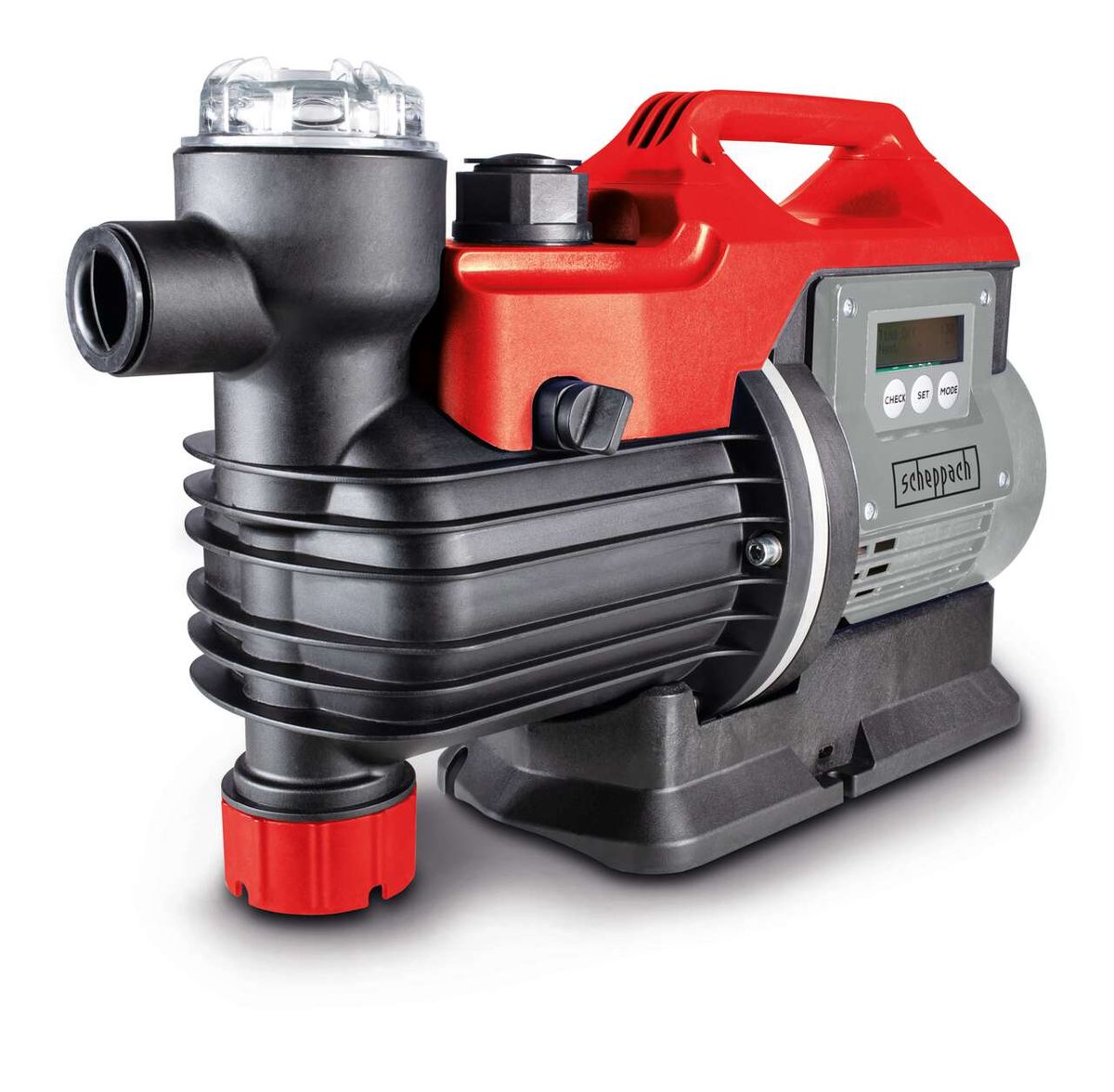 Hauswasserautomat GP1000 Jet LCD Scheppach, Ansicht von vorne. Der Hauswasserautomat ist ein Produkt von Scheppach und verfügt über ein LCD-Display und einen roten Griff.