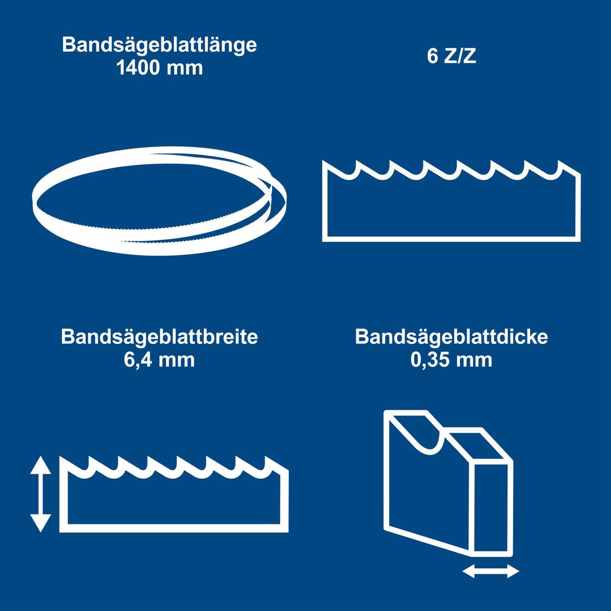 Bandsägeblatt mit Maßen 1400 mm Länge, 6,4 mm Breite und 0,35 mm Dicke, 6 Zähne pro Zoll