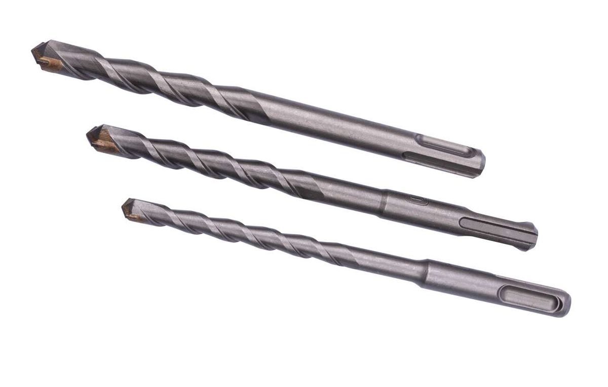 SDS-Plus-Bohrer-Set mit drei Bohrergrößen 8, 10 und 12 mm. Die Bohrer sind von vorne zu sehen.
