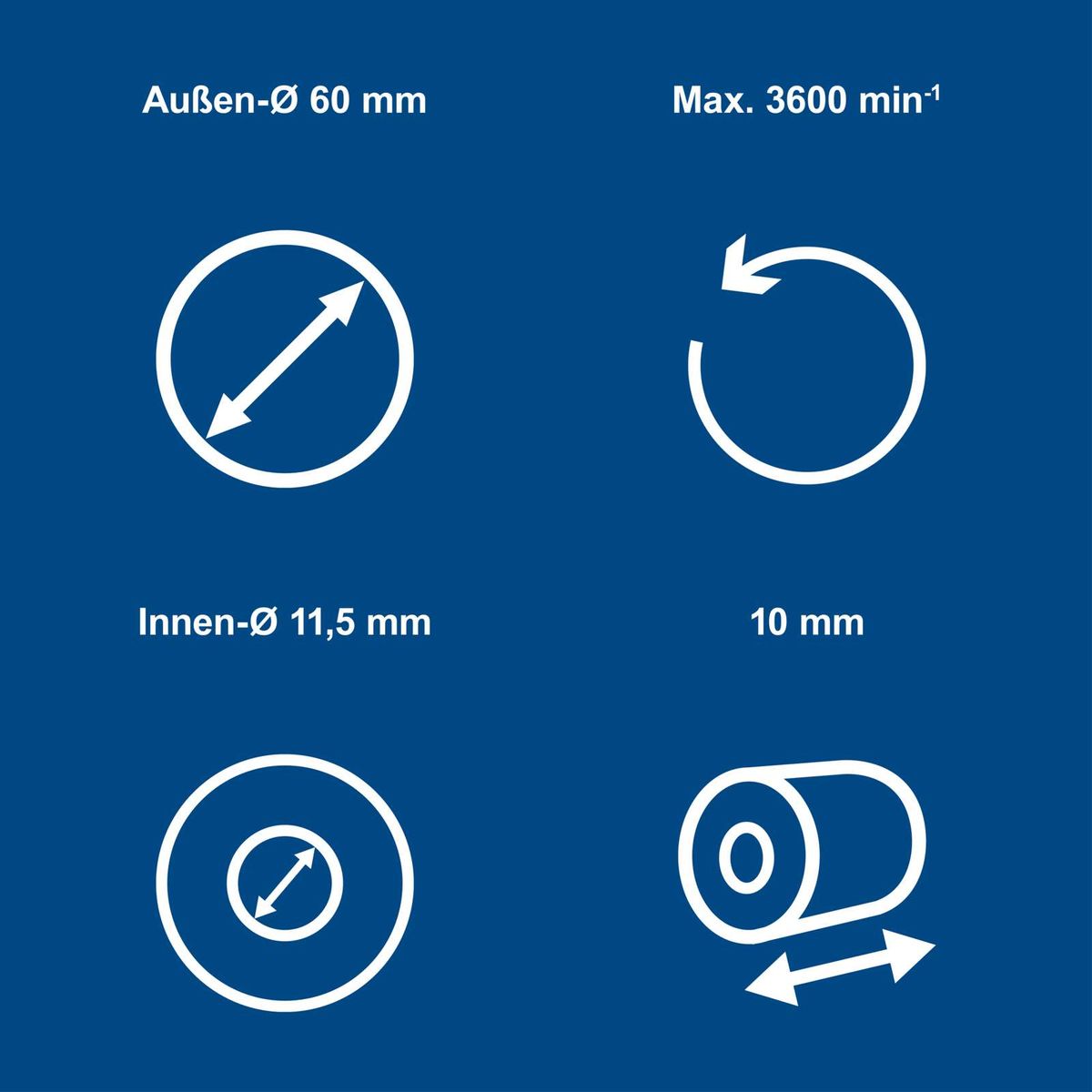 Technische Daten für Schleiflamellenbürste: Außen-Ø 60 mm, Innen-Ø 11,5 mm, Drehzahl max. 3600 min⁻¹