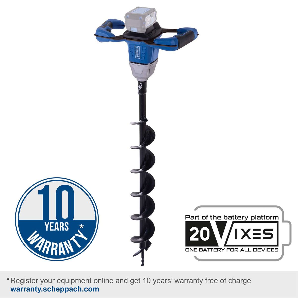 Cordless Earth Auger BC-EB100-X Scheppach - 20V System, 10 years warranty with online registration, part of the 20VIXES battery platform, one battery for all devices.