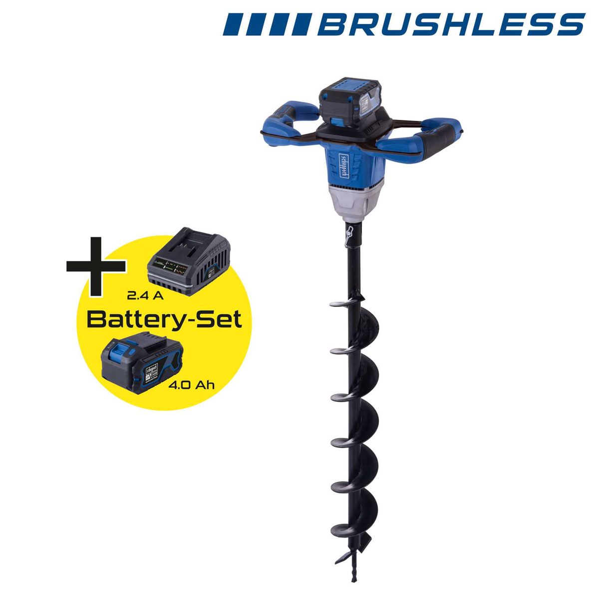 Brushless-Pfahlbohrmaschine mit Batterie-Set (2,4 A und 4,0 Ah) für Scheppach-Produkte
