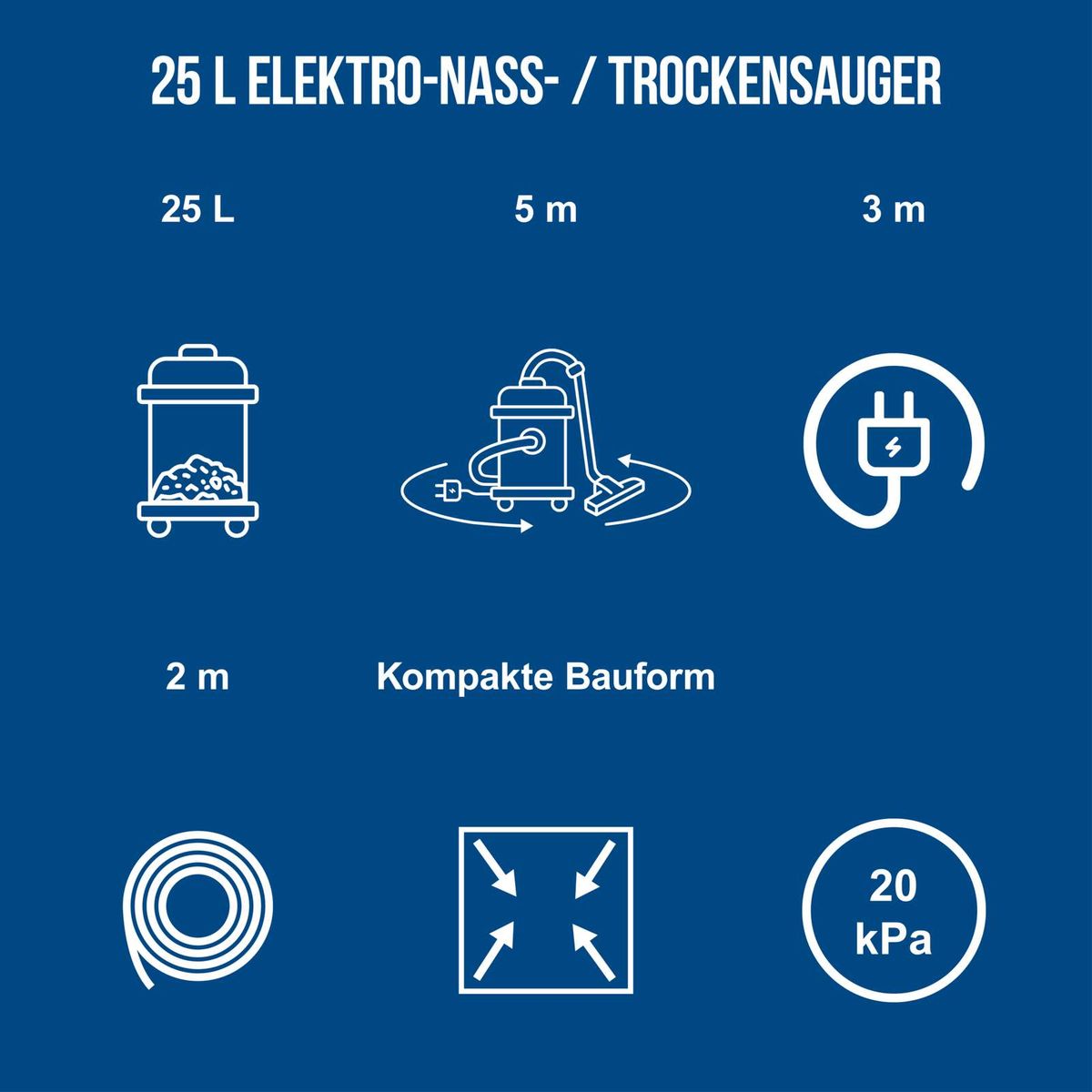 Elektro-Nass-/Trockensauger mit 25-Liter-Fassungsvermögen, kompakte Bauform, 20 kPa Saugleistung, 5 Meter Schlauchlänge, 3 Meter Anschlusskabel, 2 Meter flexibler Schlauch