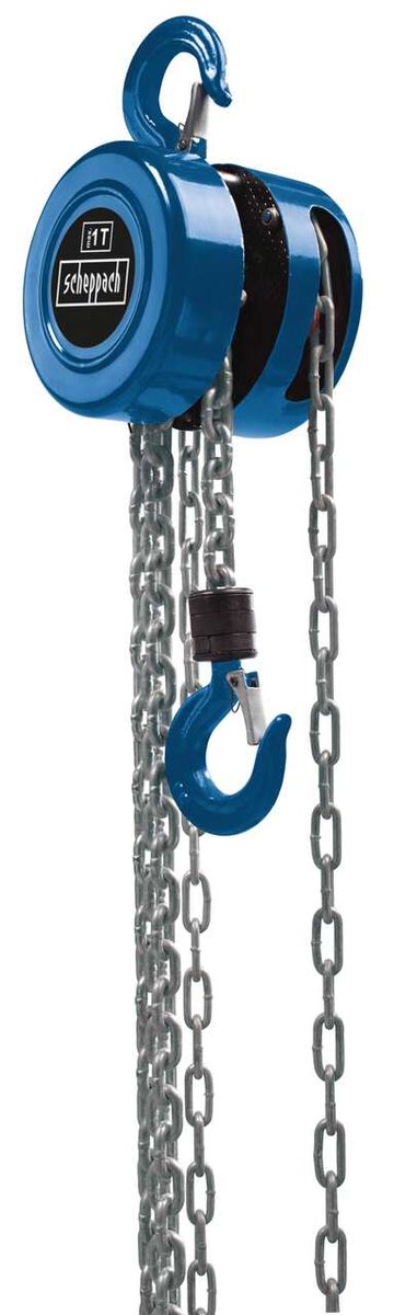 Scheppach CB01 Kettenzug mit blauem Haken und Kette, seitliche Ansicht.