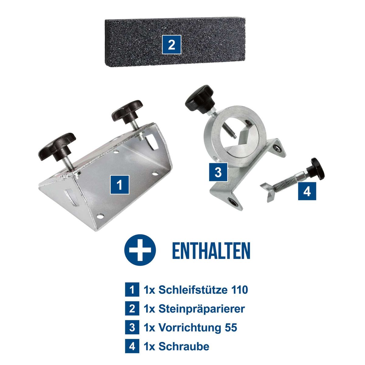 Set mit Schleifstütze, Steinpräparierer, Vorrichtung 55 und Schraube für präzise Werkzeugmontage