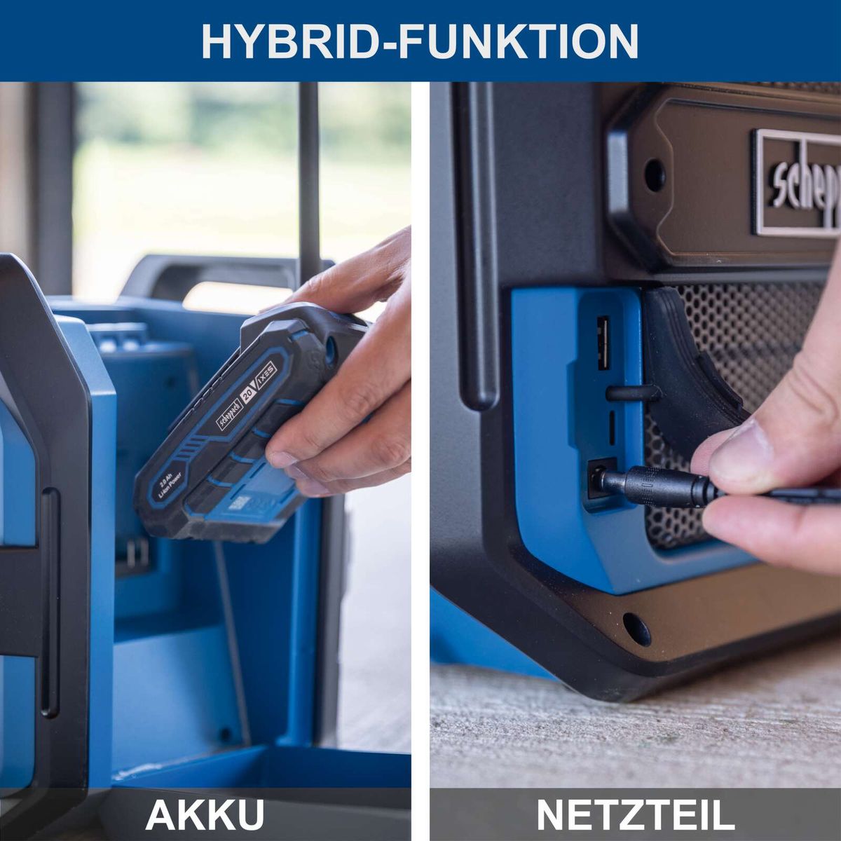 Akku- und Netzteilanschluss für Baustellenradio mit USB-Anschlüssen und DAB+ Empfang