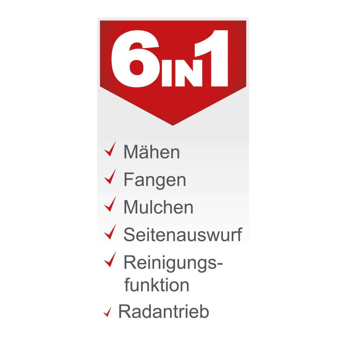 Der Rasenmäher MS225-53 von Scheppach bietet folgende Funktionen: Mähen, Fangen, Mulchen, Seitenauswurf, Reinigungsfunktion und Radantrieb.