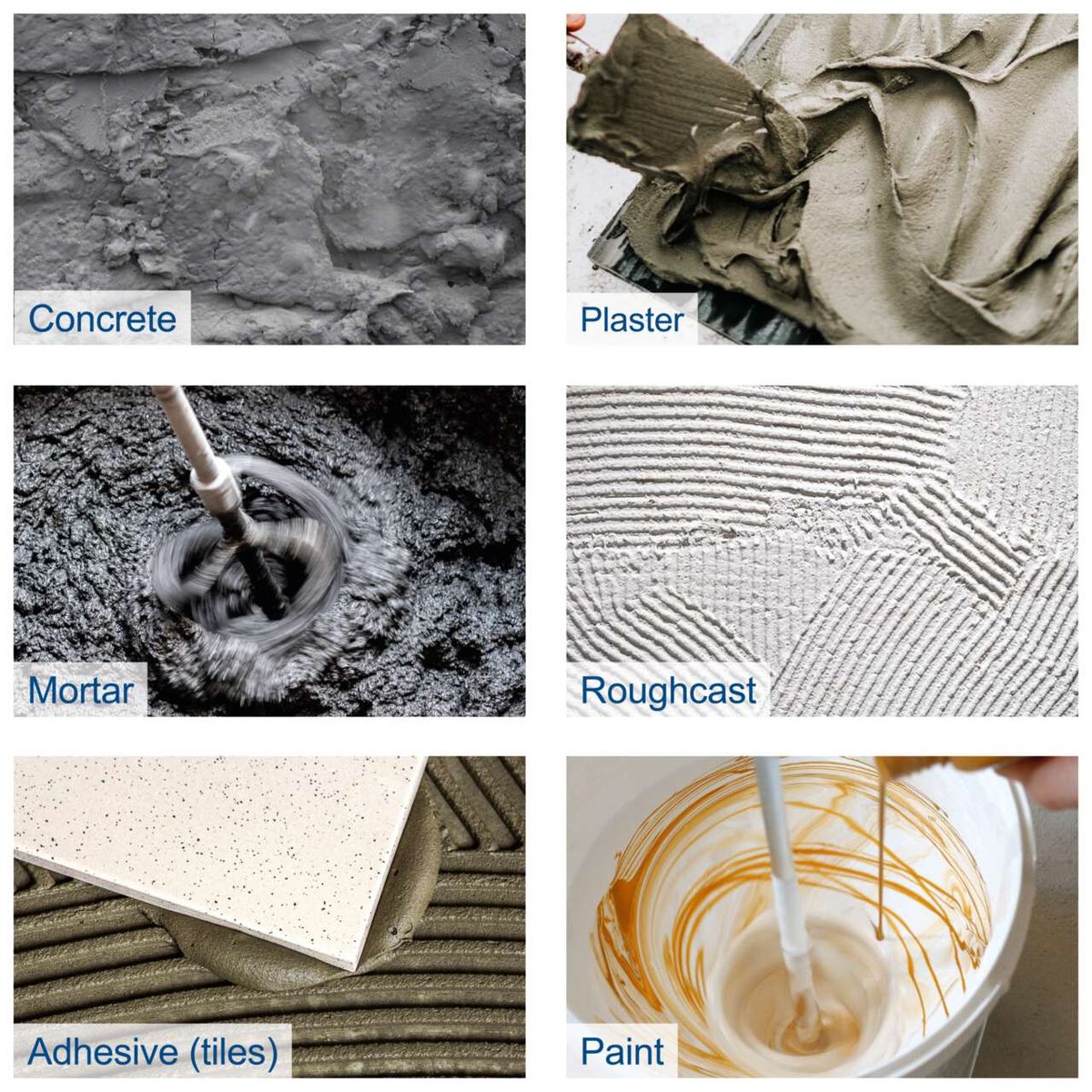The image shows various materials that can be mixed with the electric paint and mortar stirrer PM1400 Scheppach: concrete, plaster, mortar, roughcast, tile adhesive, and paint. The device is suitable for a variety of DIY applications.