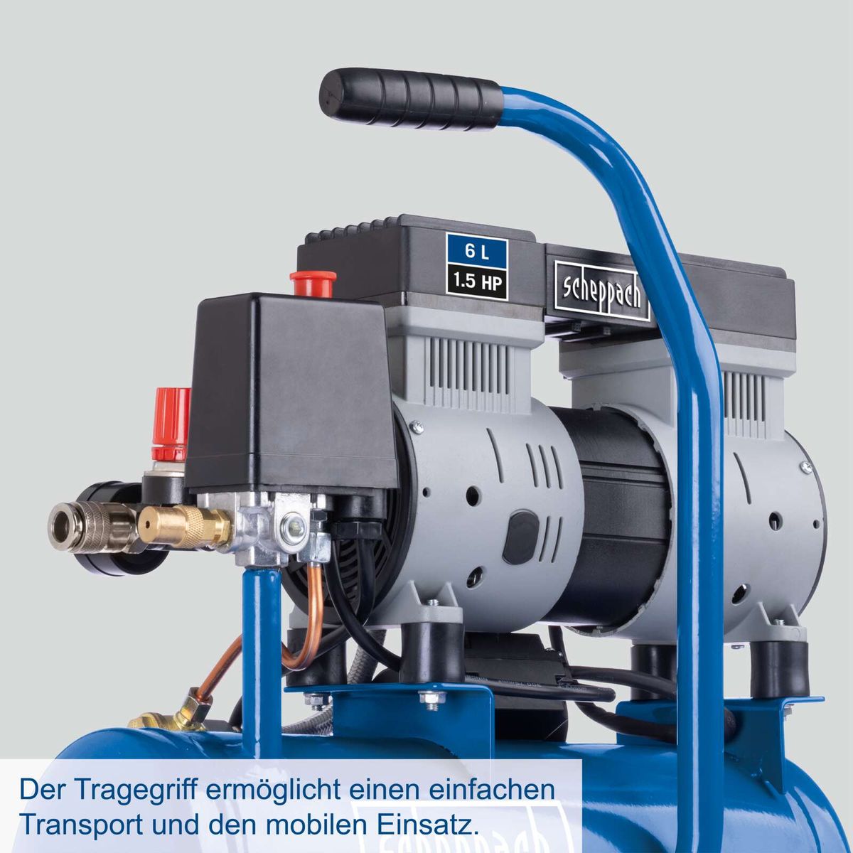Mobiler Scheppach-Kompressor mit ergonomischem Traggriff für einfachen Transport und Einsatz, 6-Liter-Tank, 1,5 PS Leistung