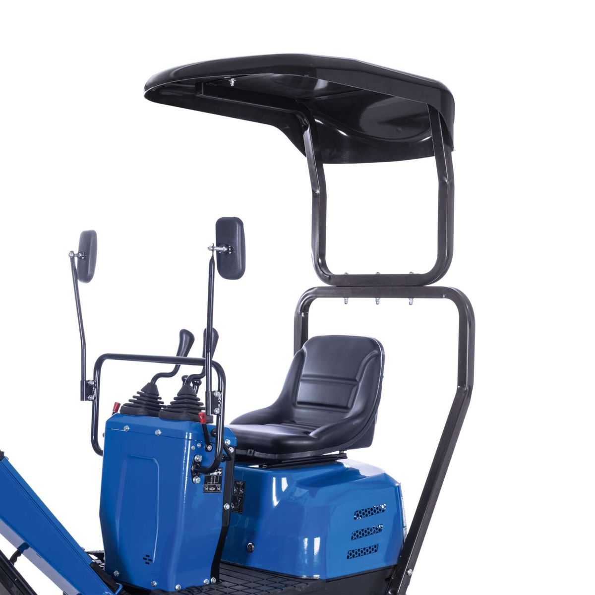 Mobiler Arbeitsplatz mit Sitz, Lenkradsteuerung und Schutzvorrichtung für Fahrer