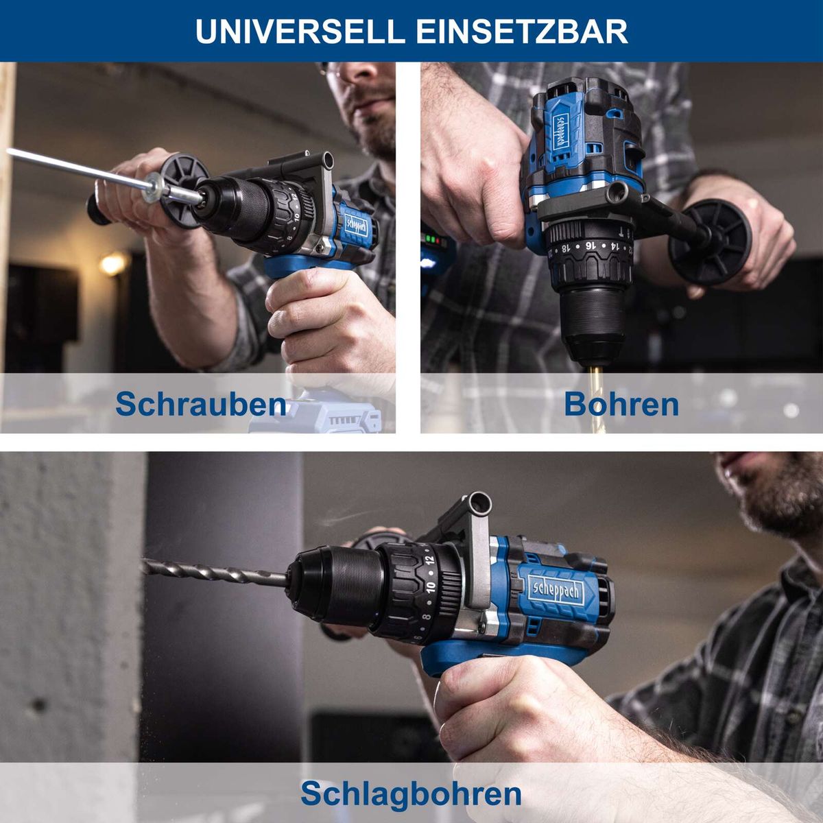 Scheppach Akku-Schlagbohrschrauber mit Illustrationen für Bohren, Schrauben und Schlagbohren (Drehmomentanzeige)
