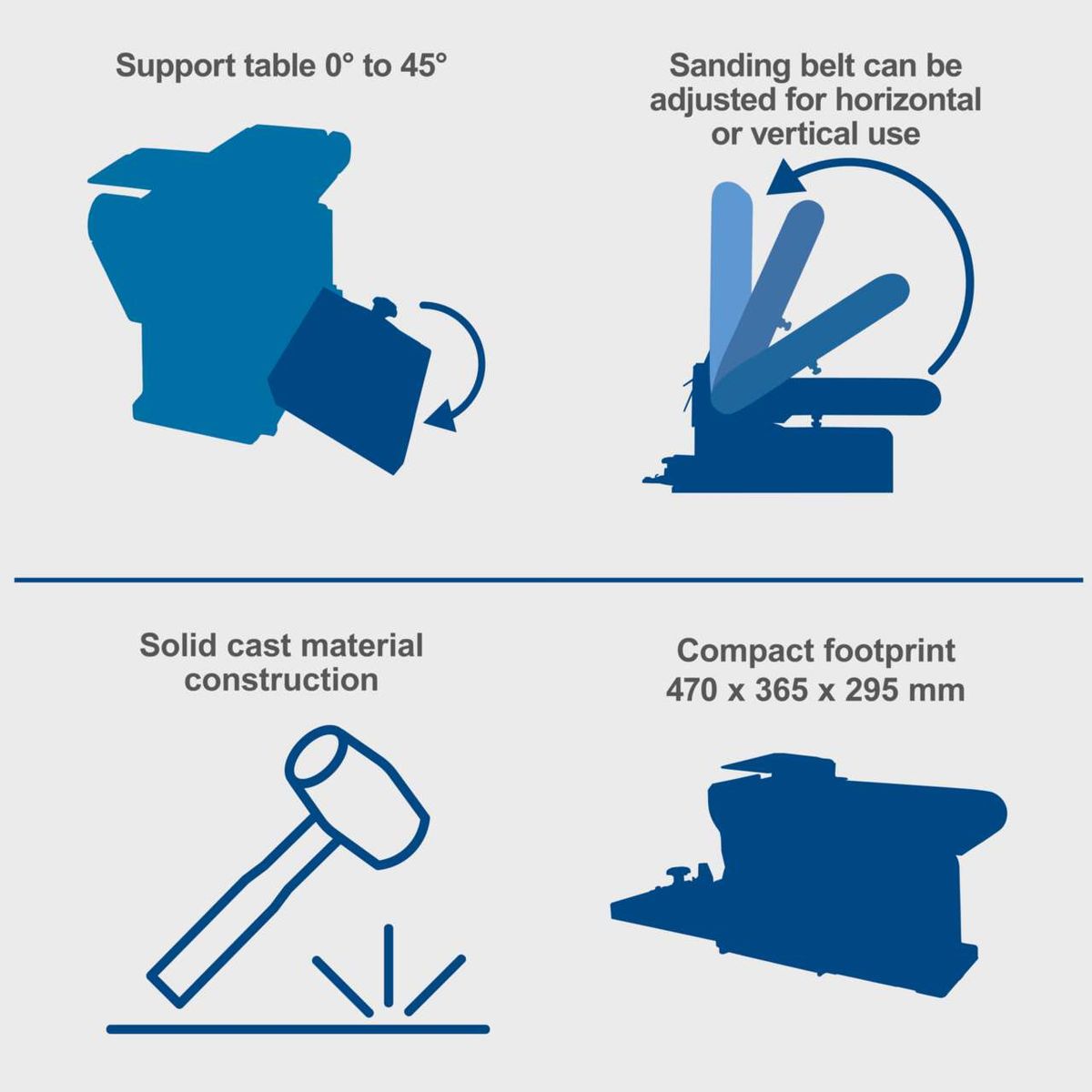 The belt and disc sander BTS800 features an adjustable table from 0° to 45°, an adjustable sanding belt for horizontal or vertical use, solid cast material construction, and a compact footprint with dimensions 470 x 365 x 295 mm.