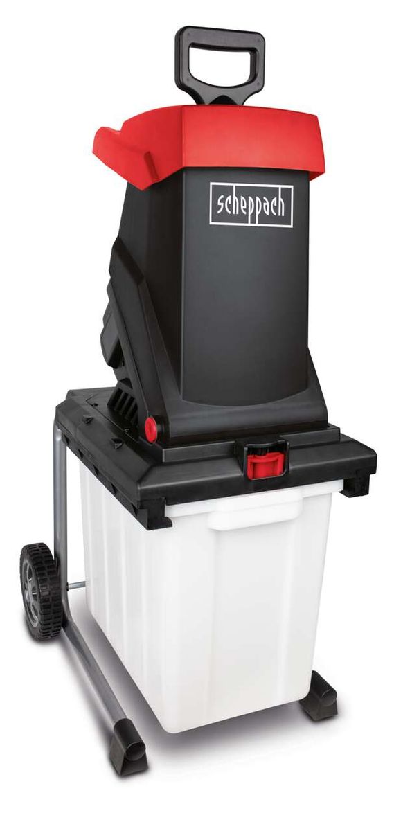 Häcksler GS59 von Scheppach, seitliche Ansicht mit schwarzem Behälter und roten Griffen.