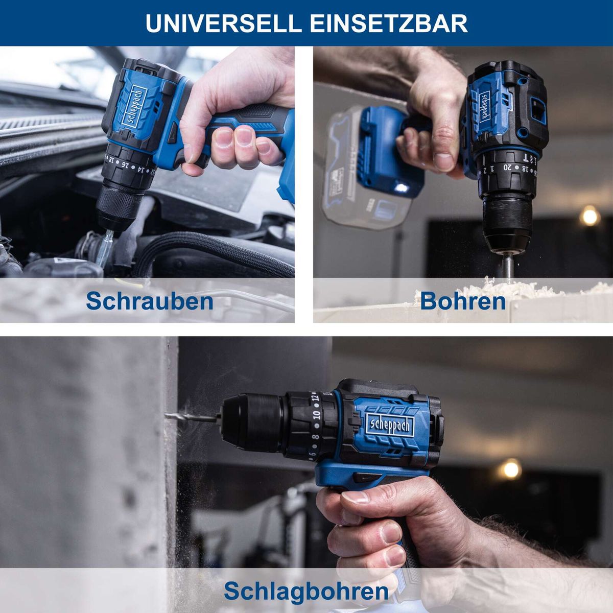 Universalwerkzeug für Bohren, Schrauben und Schlagbohren mit Scheppach-Akku-Schlagbohrschrauber