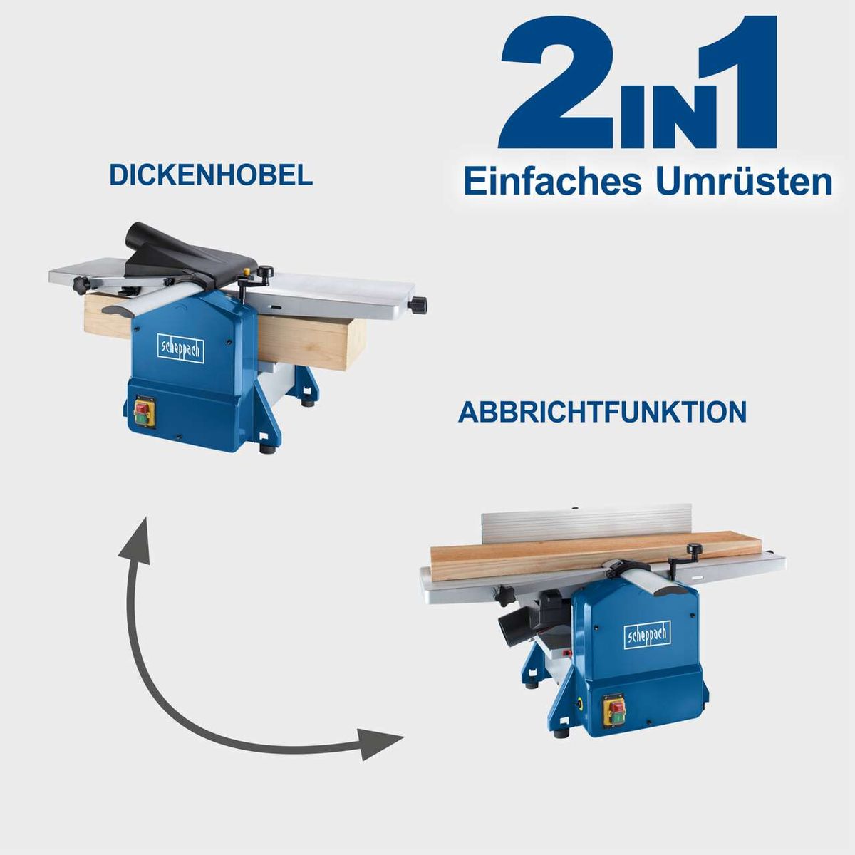 Die Abricht- & Dickenhobelmaschine HMS1070 von Scheppach bietet einfache Umrüstung zwischen Dickenhobel- und Abrichtfunktion. Ideal für präzises Arbeiten mit Holz.