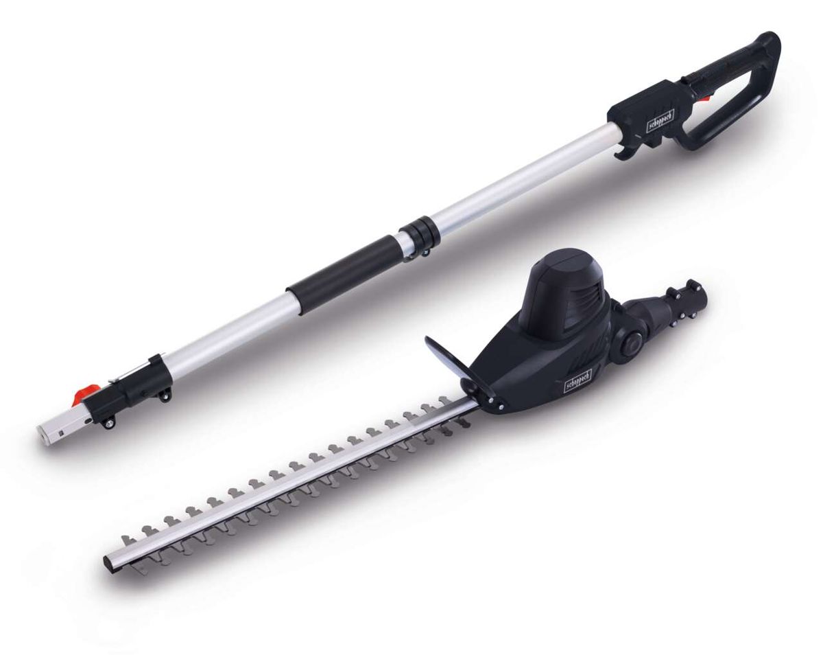 Elektro Teleskop Heckenschere ETHT500 Scheppach, seitliche Ansicht, 450mm Schnittlänge, ausziehbar bis 2750mm, 230V.