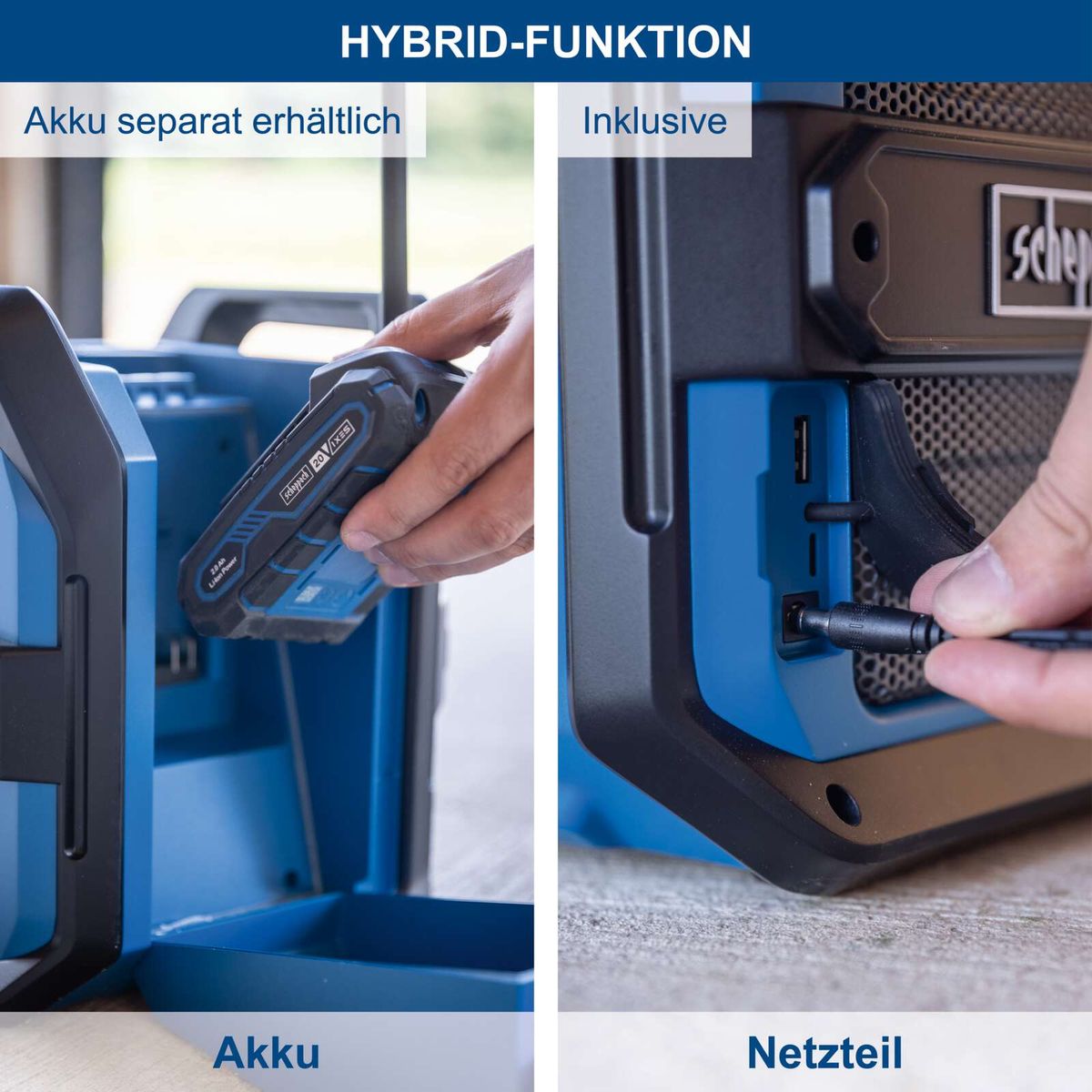 Hybridfunktion mit separatem Akku und inklusive Netzteil für Baustellenradio C-DAB30-X