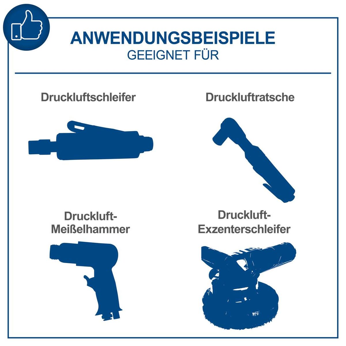 Beispiele für pneumatische Werkzeuge: Luftschleifer, Lufttratsche, Luftmeißelhammer, Exzenterschleifer