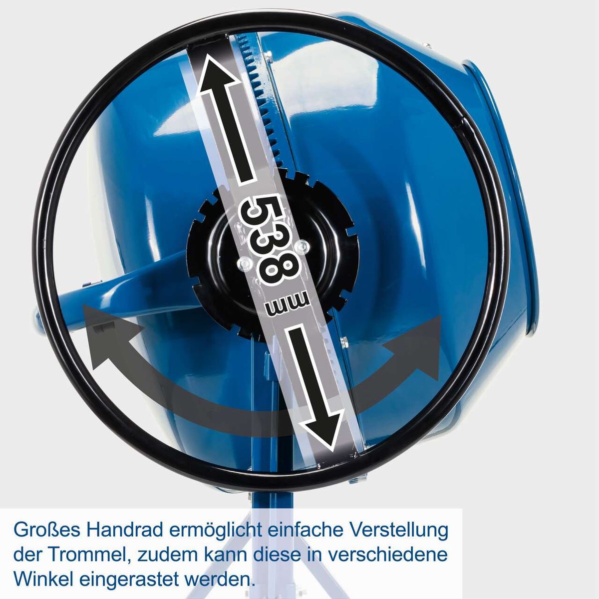 Großes Handrad für einfache Trommelverstellung mit einrastbaren Winkeln