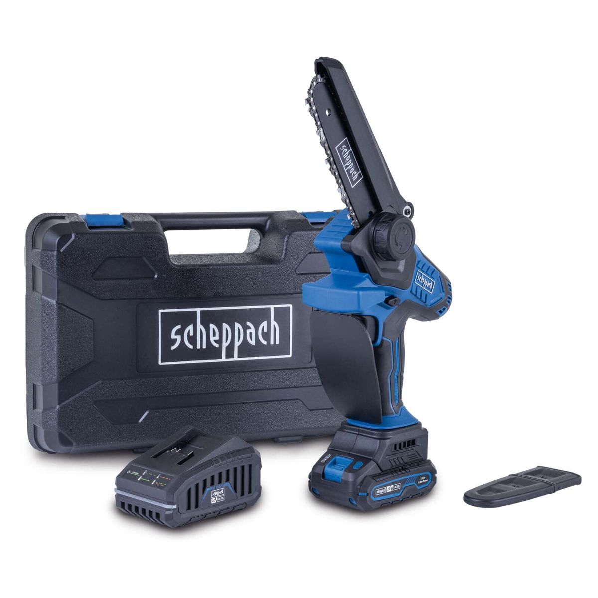 Scheppach Akku-Kettensäge mit 20V Akku, Ladegerät und Trennscheibe. Inklusive robustem Koffer für sicheren Transport. Ideal für präzises Schneiden und einfache Handhabung.