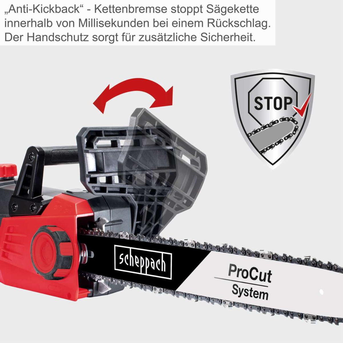 Elektro-Kettensäge mit Anti-Kickback-System und Kettenbremse für sofortigen Stopp der Sägekette bei Rückschlag. Handschutz für zusätzliche Sicherheit. ProCut-System für optimale Leistung.