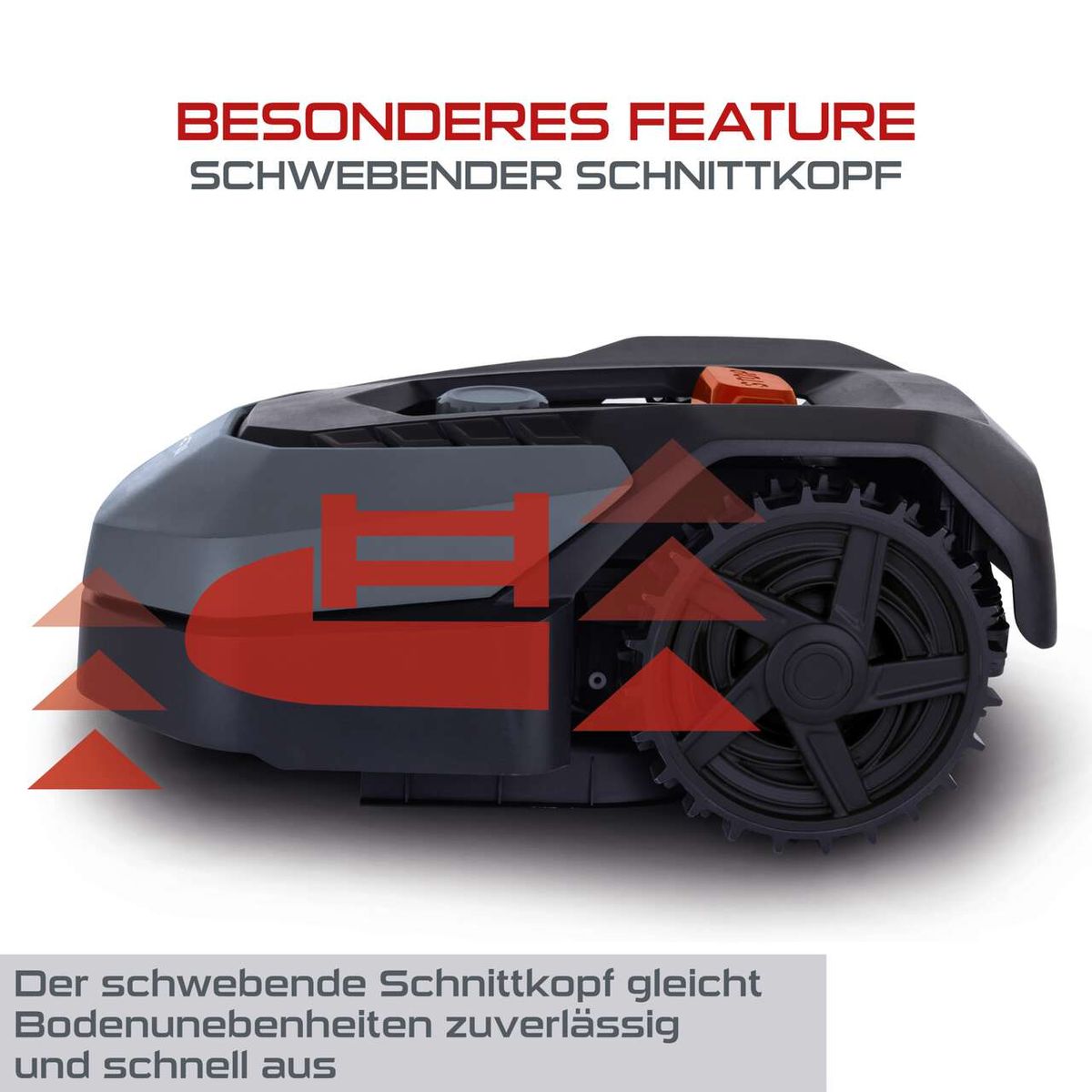 Der Mähroboter PX-RRM-500Wi Practixx verfügt über einen schwebenden Schnittkopf, der Bodenunebenheiten zuverlässig und schnell ausgleicht.