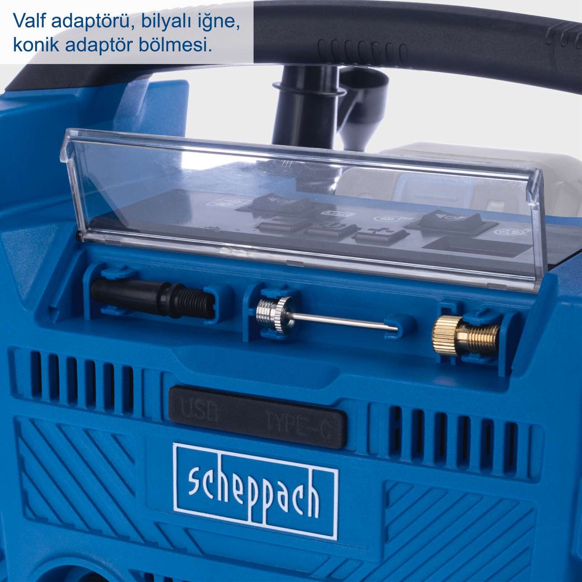 The hybrid compressor Airforce 6 Scheppach features a valve adapter, a ball pin, and a conical adapter section.
