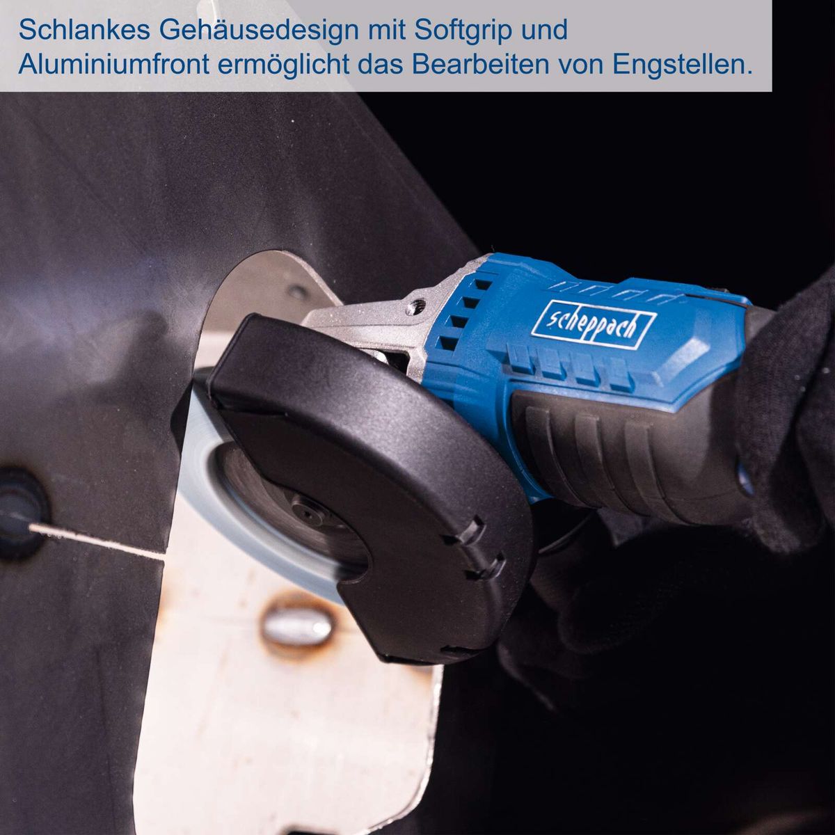 Leistungsfähiger Akku-Winkelschleifer mit ergonomischem Griff und Aluminiumgehäuse für präzise Bearbeitung